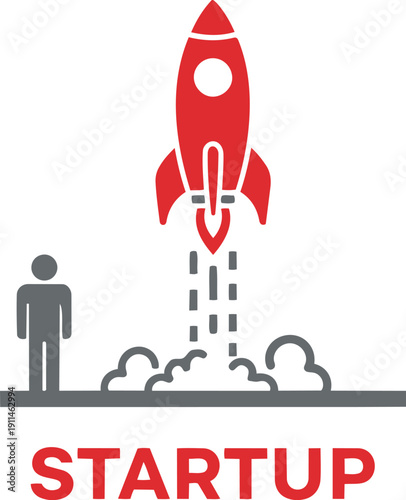 Startup concept with a rocket launching into the air next to a person