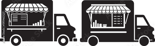 Mobile Food Truck Icons with Awnings and Serving Windows, Street Food Vendor Concept Vector Illustration