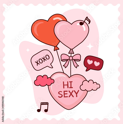 Candy Hearts with Romantic Messages and Balloons, Valentine’s Day Love & Romance Flat Vector Illustration Design