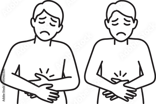 Man with Stomach Pain or Abdominal Discomfort Icons, Digestive Issues and Health Problem Concept Line Art