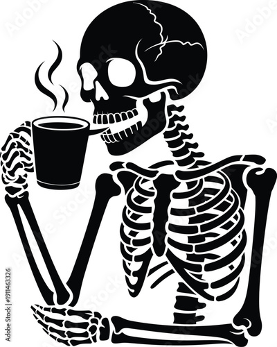 A skeleton sitting and drinking coffee with steam rising