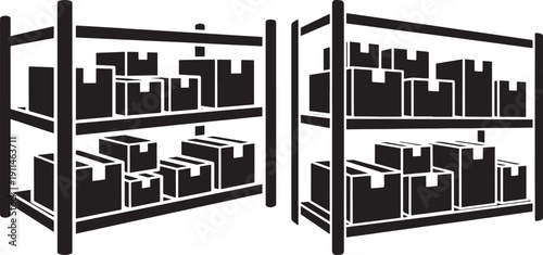 Warehouse Shelving Units Filled with Storage Boxes Icons, Logistics and Inventory Management Concept Vector Illustration