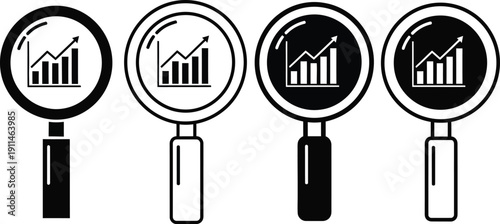 Magnifying glasses with bar graphs and growth charts