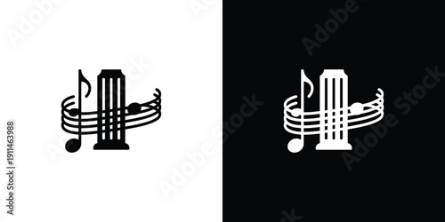 Musical note and piano key on black and white background