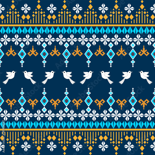 Geometric Pattern with Birds and Diamond Shapes on Dark Blue Background