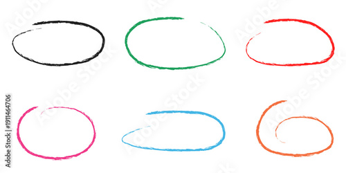 Colorful hand drawn ink brush circle frames and oval highlights isolated on a transparent background
