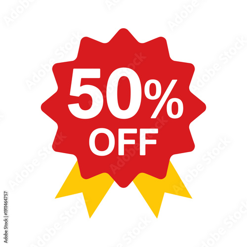 Red fifty percent off discount badge with yellow ribbons