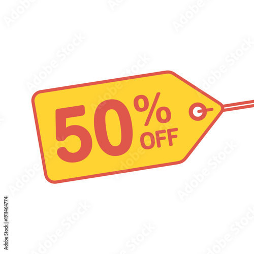 Yellow discount tag with fifty percent off text