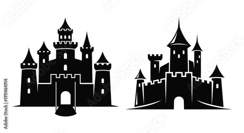 Two black castles with detailed turrets a striking silhouette