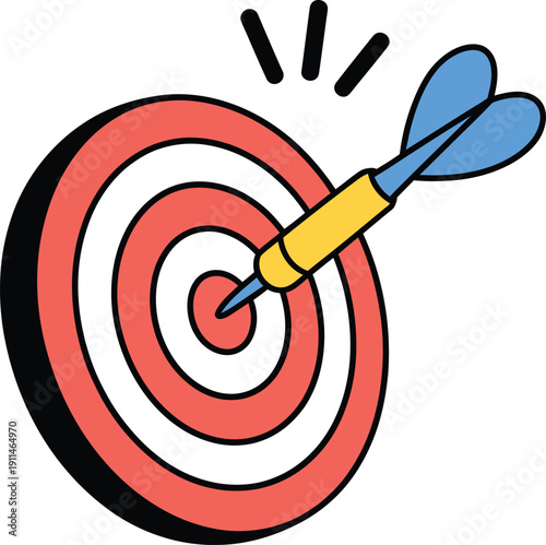 A colorful cartoon dartboard with a dart hitting the bullseye