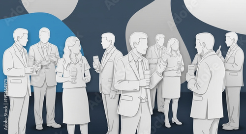 Silhouette-style illustration of business people networking and socializing with drinks at a corporate event or gala.