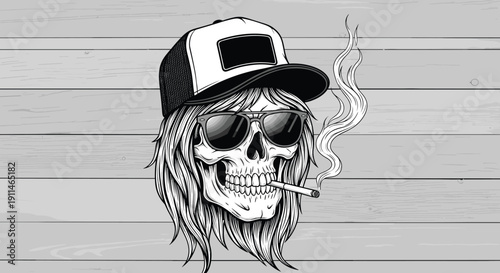 Cool skull with long hair wearing a trucker hat and sunglasses smoking a cigarette against a vintage wood background texture