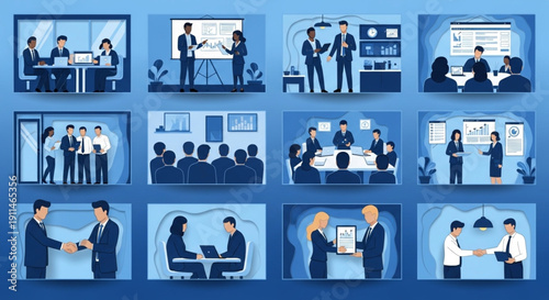 A grid of various business interactions including handshakes, meetings, and presentations rendered in a monochrome blue flat style.
