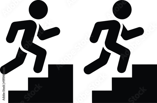 Two figures running on separate sets of ascending steps illustrating motion and progression