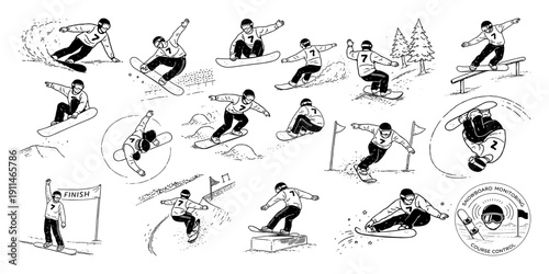 スノーボードの基本動作とトリックポーズ線画イラストセット、Snowboard Basic Movements and Trick Poses Line Art Set