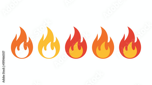 A row of five cartoon style flames displays varying shades of orange and red creating a vibrant and energetic visual high quality professional detailed modern elegant