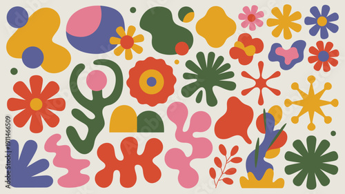 A vibrant and playful composition features numerous abstract floral and organic shapes in a variety of bold saturated colors high quality professional detailed modern elegant stylish
