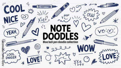 A hand drawn collection of doodles includes pens hearts speech bubbles and positive words on lined paper creating a playful aesthetic high quality professional detailed modern