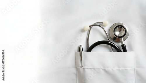 Stethoscope in white medical coat pocket close up professional healthcare equipment hospital doctor clinic concept background.