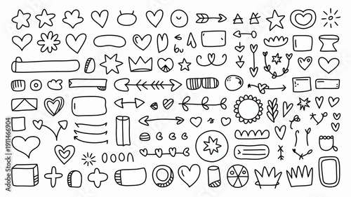 A collection of hand drawn doodle elements including hearts stars arrows and various abstract shapes in black and white high quality professional detailed modern elegant stylish