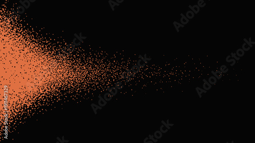 An abstract composition features a dense cluster of reddish orange particles transitioning into sparse speckles against a stark black backdrop high quality professional detailed modern elegant