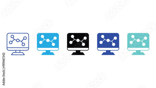 Computer monitors display molecular structure icons in various colors and styles