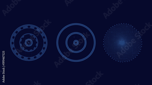 A dark blue background displays three concentric circular diagrams each with a unique spiral or layered design in lighter blue high quality professional detailed modern elegant