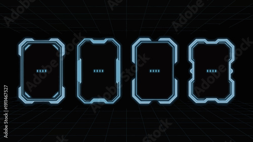 Four illuminated rectangular frames with rounded corners glow a vibrant blue against a dark background with a subtle grid pattern high quality professional detailed modern elegant