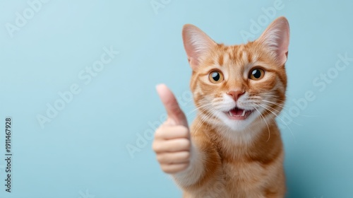 Wallpaper Mural A lively ginger cat raises its paw in a thumbs up gesture, exuding joy and enthusiasm. The bright blue background complements its vibrant fur, creating a fun and uplifting scene Torontodigital.ca