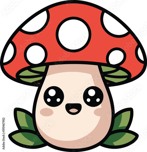 Cute kawaii mushroom character with big eyes and red cap, cartoon amanita muscaria fungus illustration