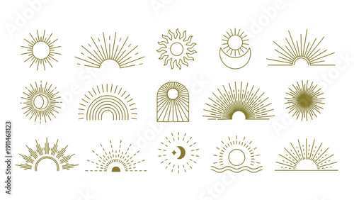 Sun icon vector illustration set with various golden sun designs