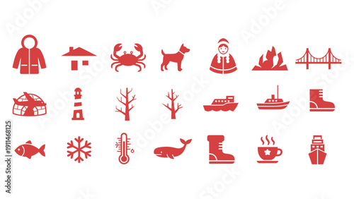 Winter icons set including animals and objects in red silhouette