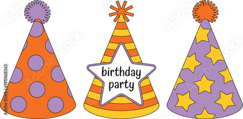 Set of three colorful birthday party hats with stars and polka dots pattern for kids celebration event invitation.