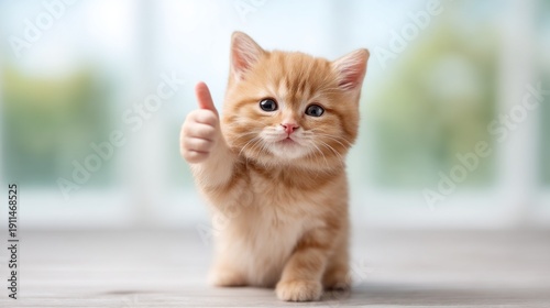 Wallpaper Mural A charming ginger kitten cheerfully raises its paw in a thumbs up gesture. Sunlight bathes the room, highlighting its playful spirit and fluffy fur Torontodigital.ca