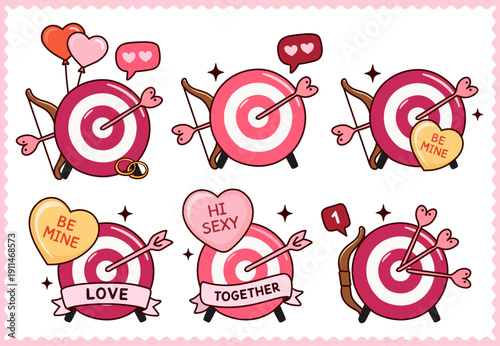Set of Cupid Arrow Targets Flat Illustration, Love-Themed Flat Vector Design for Valentine’s Day, Wedding, Anniversary, and Marriage Proposal