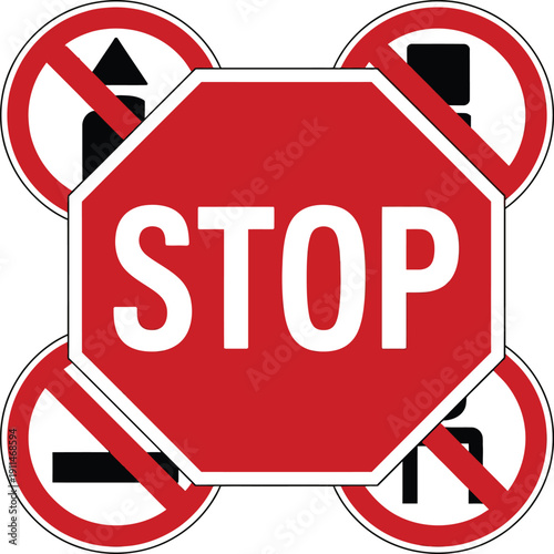 Road Safety Awareness Concept. Layered Stop Sign and Prohibited Traffic Symbols. Vector Illustration for Public Service Announcements. Street Safety Campaign and Regulatory Compliance PSA.