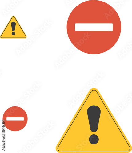 Traffic Warning and Prohibited Sign Icon Set: Minimalist Yellow Exclamation Point and Red No Entry Symbol Vector Illustration.