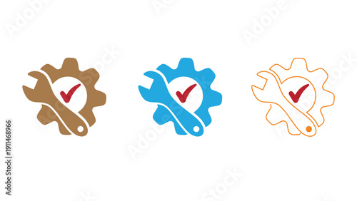 Gear icons with wrench and checkmark for maintenance and repair services