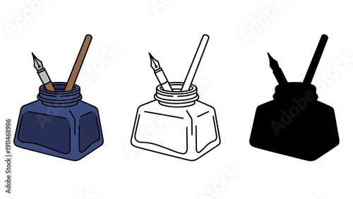 Inkwell vector illustrations with fountain pens and dip pens