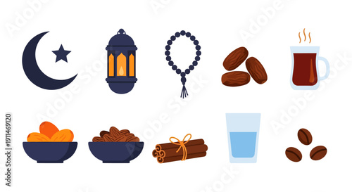 Ramadan Iftar Set of Flat Vector Icons with Lantern, Dates, Crescent Moon, and Prayer Beads