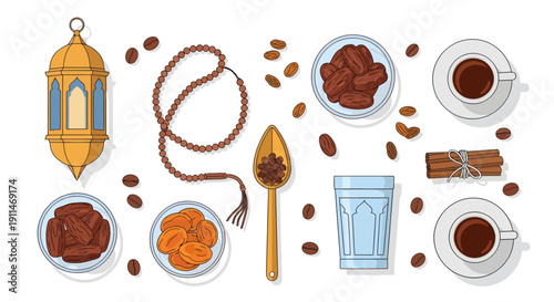 Ramadan Iftar Elements Set with Dates, Arabic Coffee, Lantern, and Prayer Beads on White Background