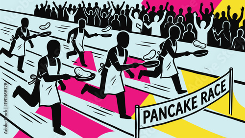 Pancake race illustration with chefs running in aprons holding plates