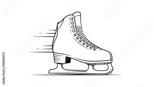 A black and white line drawing of a figure skate in motion, with speed lines indicating quick movement on the ice.