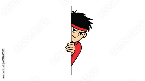 A cartoon character with a red headband is peeking mischievously from behind a white wall, looking curious or sneaky.
