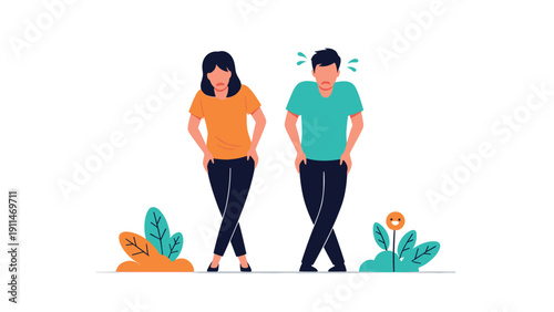 Man and woman standing with their legs crossed, showing an urgent need to use the toilet, illustrating urinary problems or bladder issues.