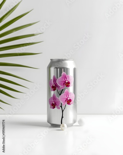 Aluminum Beverage Can Mockup with Pink Orchid Flower Design and Tropical Leaf Shadow on Minimal White Background