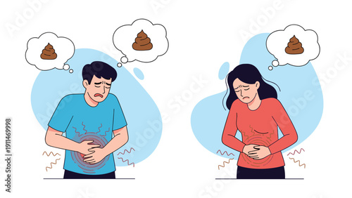 Man and woman suffering from stomach aches and thinking about pooping, an illustration representing diarrhea, constipation, and digestive problems.