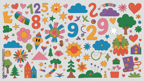 A vibrant colorful collage featuring numbers hearts stars clouds flowers trees and houses in a playful illustrative style high quality professional detailed modern elegant stylish clean