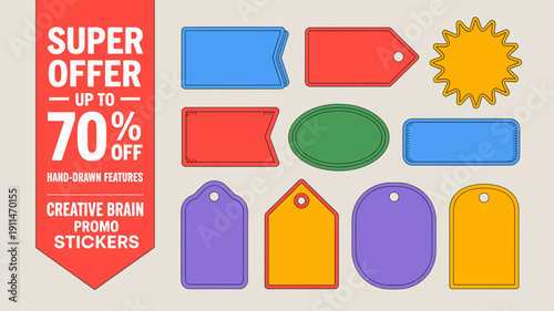 A vibrant collection of colorful sale tags and labels advertises a super offer with discounts up to 70 off retail prices high quality professional detailed modern