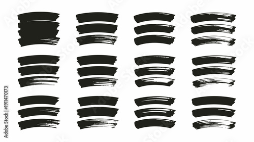 An arrangement of multiple black brushstrokes resembling curved lines and semi circles are displayed in a grid like pattern on a white background high quality professional